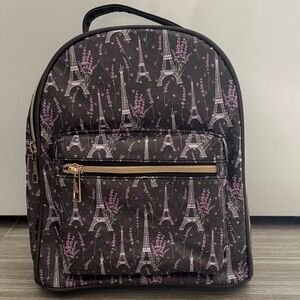 Black Floral Eiffel Tower Print Backpack with Gold Hardware